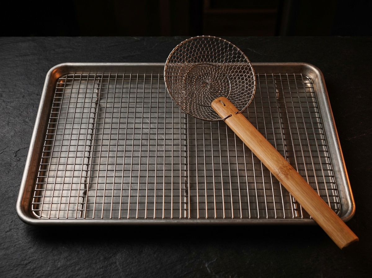 Aluminum Rimmed Half-Sheet Pan with Wire Cooling Rack and Stainless Spider Strainer