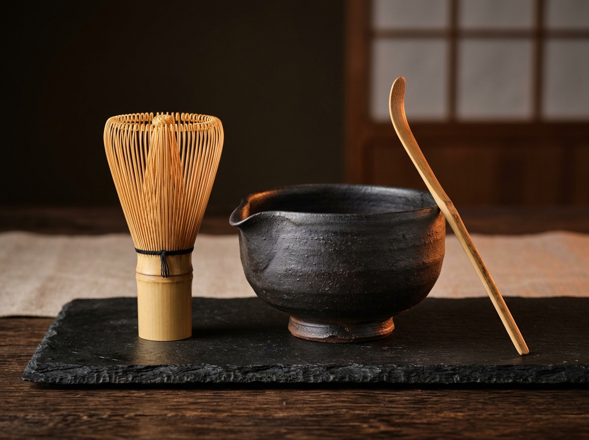 Fine-Tine Hand-Carved Bamboo Matcha Whisk Chasen and Spouted Ceramic Bowl Set