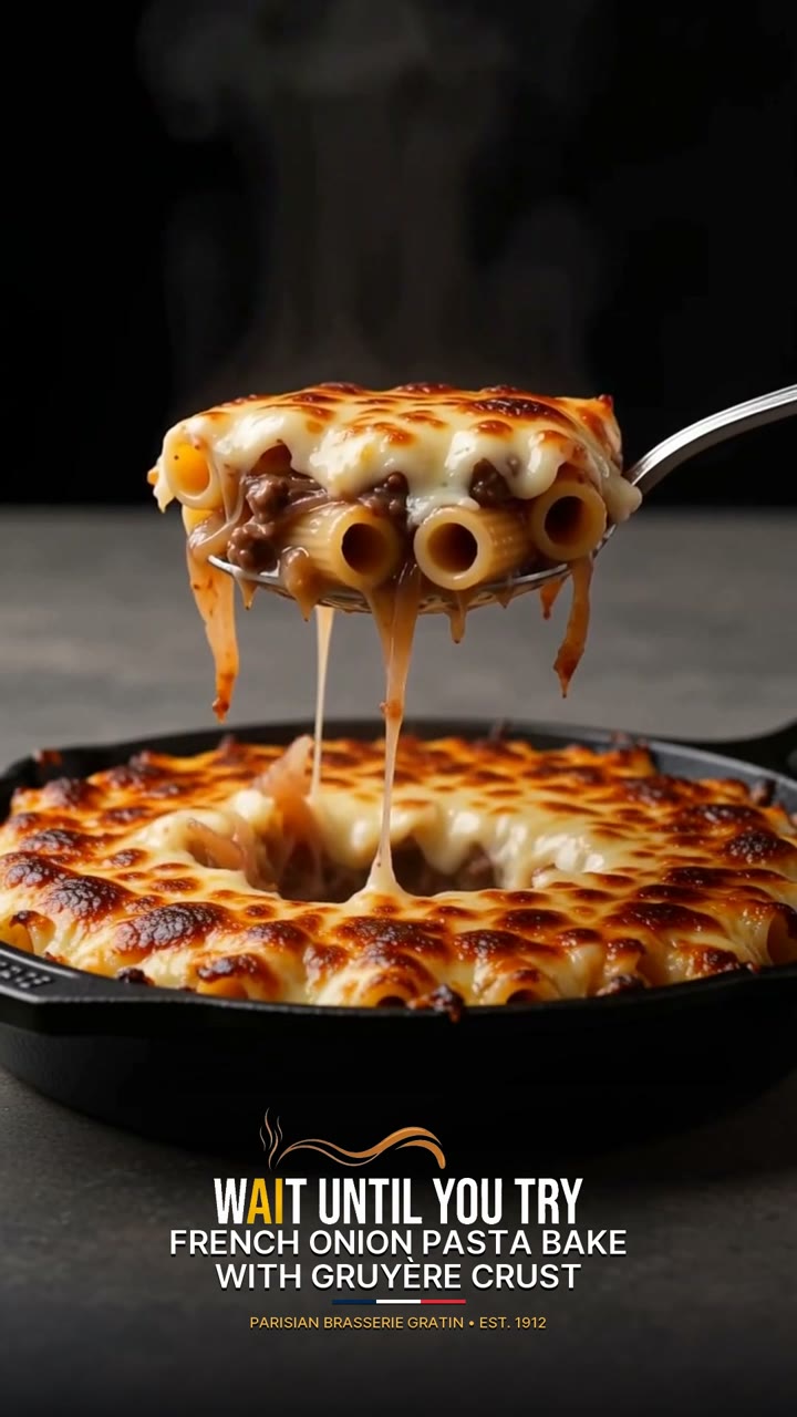 French Onion Pasta Bake with Gruyère Crust