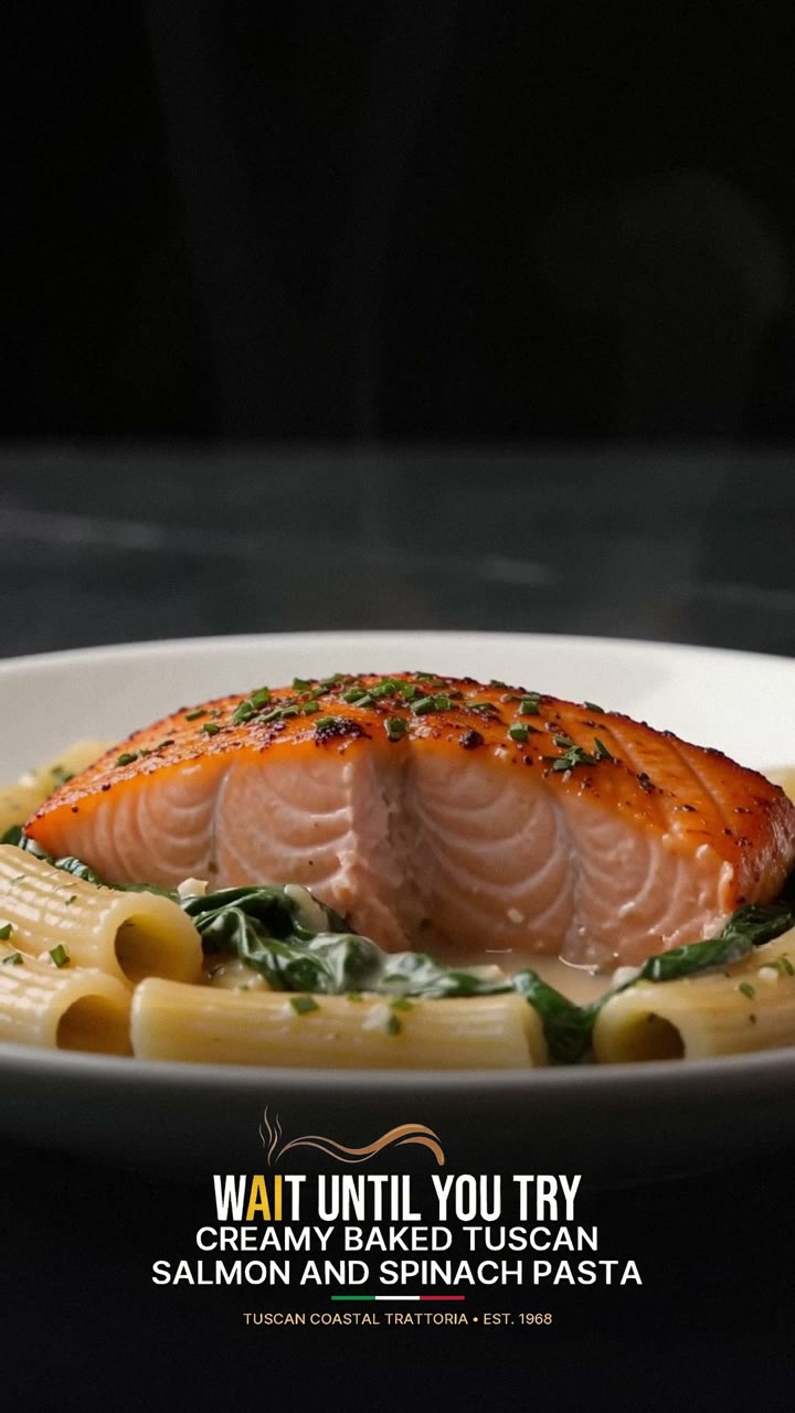Creamy Baked Tuscan Salmon and Spinach Pasta