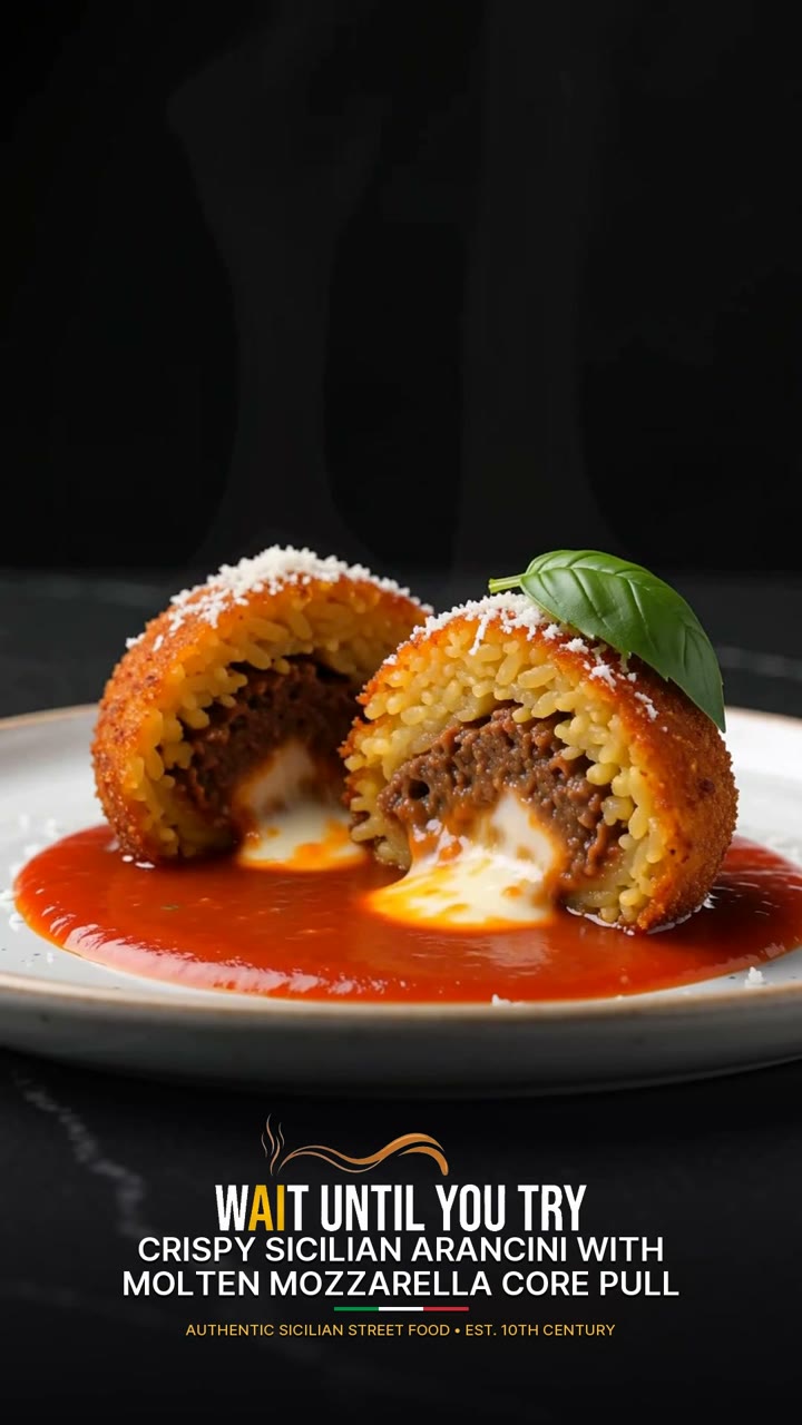 Crispy Sicilian Arancini with Molten Mozzarella Core Pull