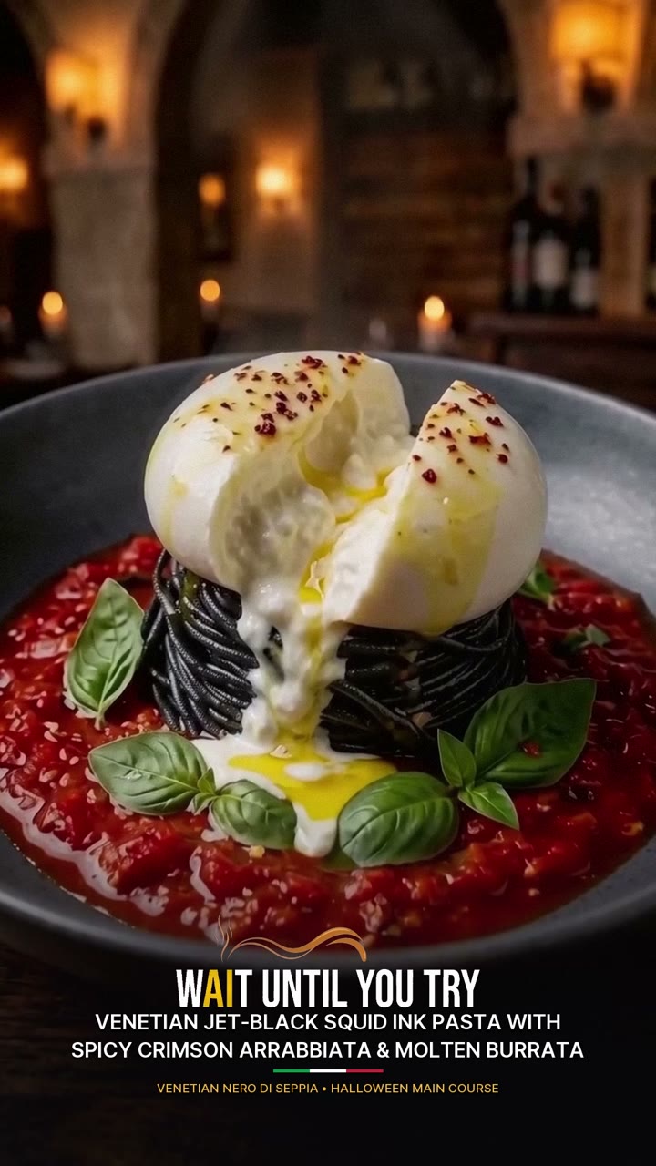 Venetian Jet-Black Squid Ink Pasta with Spicy Crimson Arrabbiata & Molten Burrata