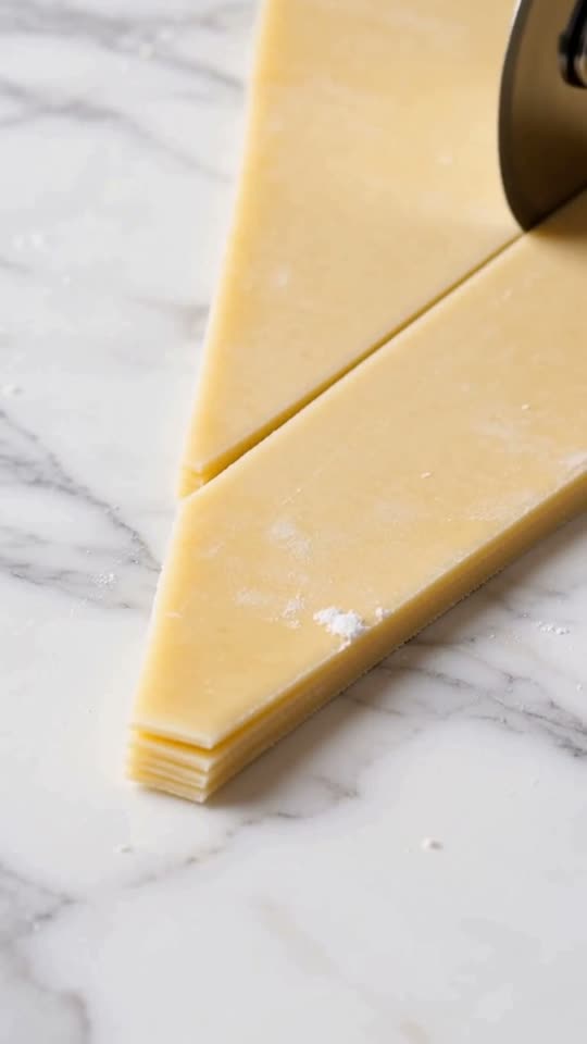 Step 4: Sheet to 4mm, Cut Triangles & Shape: Roll the rested laminated dough into a 65×26 cm sheet about 4mm thick; if it spring