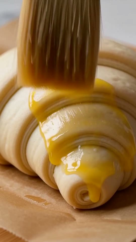 Step 5: Warm-Humid Proof & Egg Wash: Arrange the shaped croissants on two parchment-lined baking sheets spaced 8 cm apart
