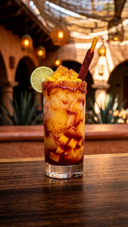 Step 7: Crown with Fresh Mango Cubes & Tamarind Straw: Heap the reserved 250g chilled fresh mango cubes into a tall mound on top