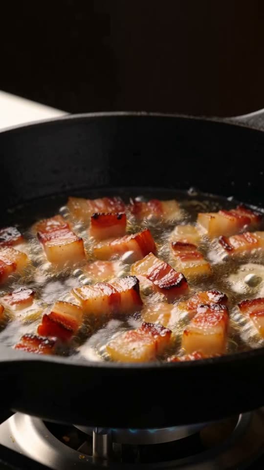 Step 2: Render the Guanciale: Place the guanciale lardons in a cold wide skillet and set over medium-low heat for 7 to 9 minutes