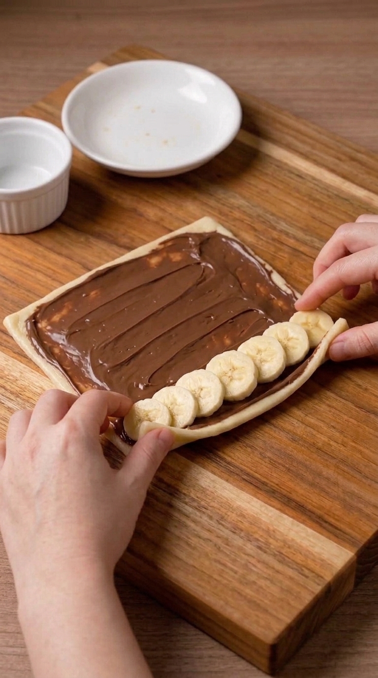 Step 3: Spread and Fill: Spread 15 g (1 tbsp) of room-temperature hazelnut-cocoa spread evenly over each flattened bread sheet,