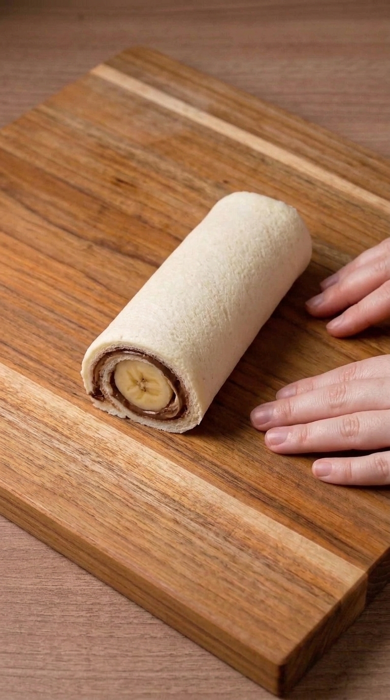 Step 4: Roll Tightly by Hand: Lift the near edge with your fingertips and roll the bread tightly around the banana rounds and ha