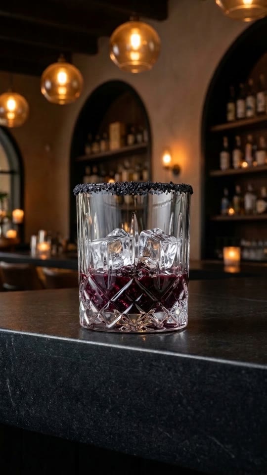 Step 5: Pack the Glasses with Clear Ice & Pour the Crimson Core: Gently lower large crystal-clear ice cubes into each glass on t