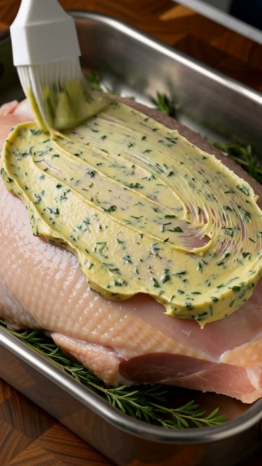 Step 2: Gently loosen the skin of the turkey breast and massage half the compound butter directly under the skin onto the breast