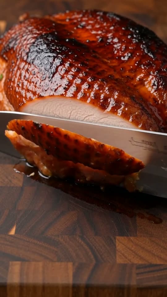 Step 7: Carve juicy turkey breast into thick succulent medallions with crackling crisp skin, plating generously over pomme purée