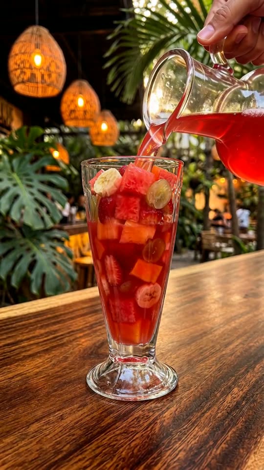 Step 5: Pour the Cold Crimson Jugo to the Rim: Pour the remaining ice-cold watermelon-passion fruit nectar down the inside of ea