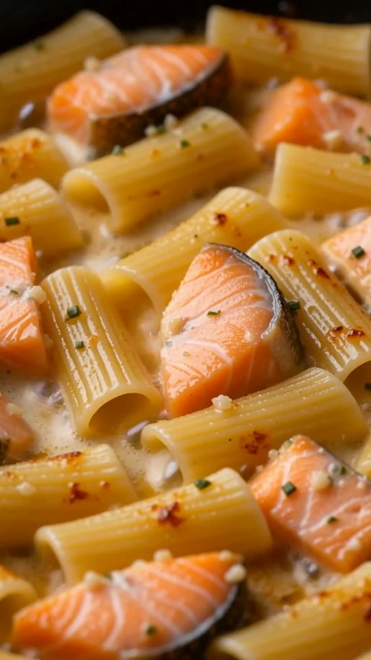 Step 5: Combine: Add the rigatoni and salmon flakes, loosen with a splash of pasta water, and fold gently so the salmon stays in