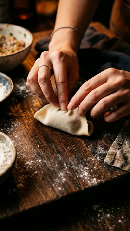 Step 2: Pleat the Crescent Potstickers: Spoon 15g (1 rounded tablespoon) of pork filling onto the center of each round dumpling 