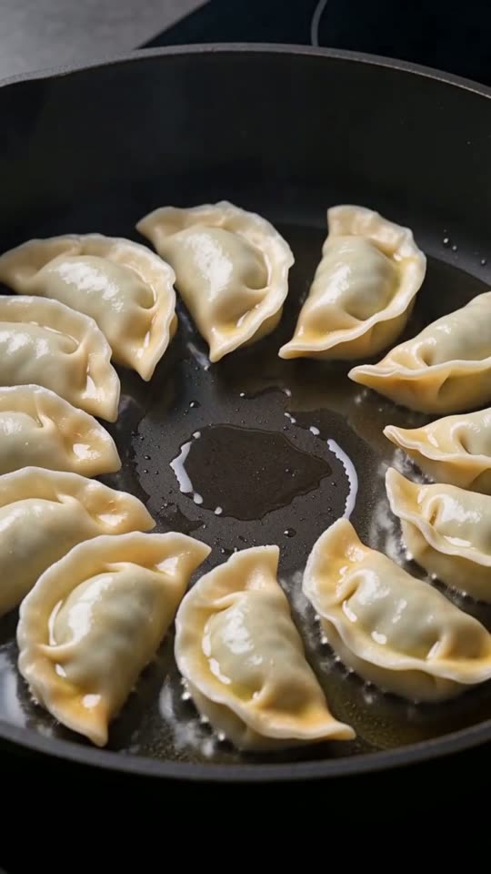 Step 4: Sear the Dumpling Bottoms in a Radial Wheel: Heat 1.5 tablespoons of neutral oil in a 24 cm (9.5-inch) flat non-stick sk
