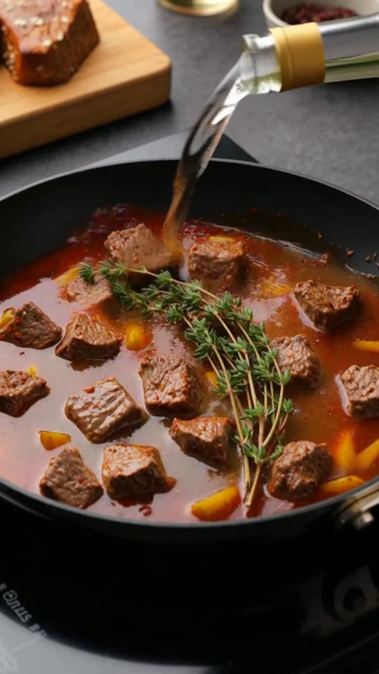 Step 3: Deglaze with Dry White Wine & Simmer the Beef Broth Gravy: Stir in 2 minced garlic cloves and 1 tbsp fresh thyme leaves