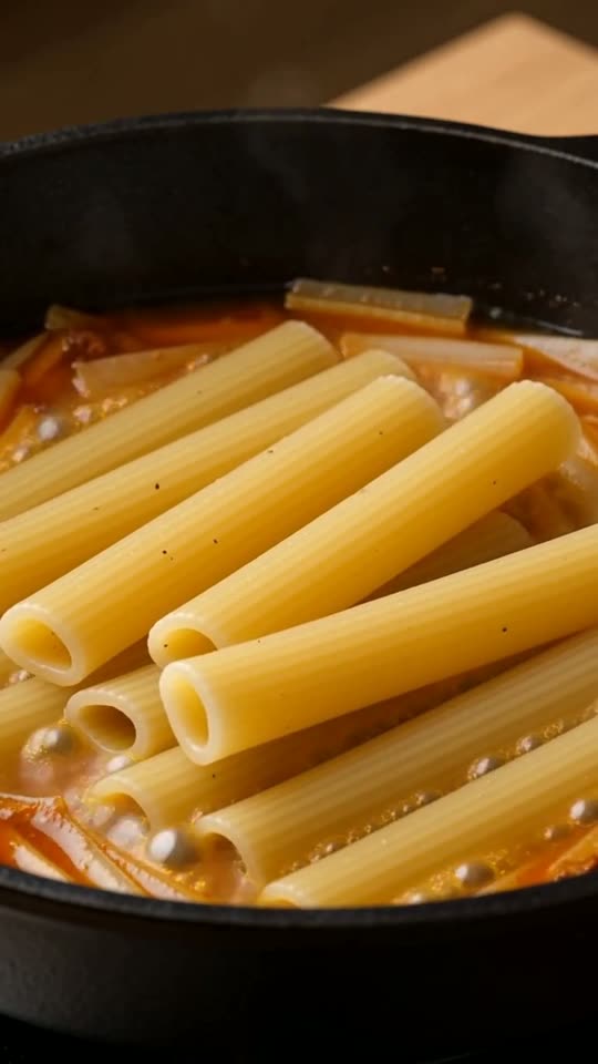 Step 5: Fold the Pasta & First Cheese Layer into the Skillet: Add the drained rigatoni, 60ml reserved pasta water, and 80g of th