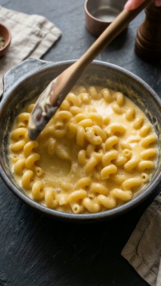 Step 5: Fold in the Cavatappi & Black Truffle: Fold the cooked cavatappi, two-thirds of the shaved black truffle, and 1 tsp truf