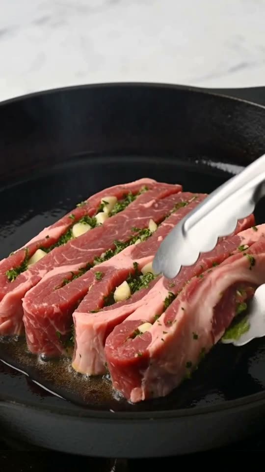 Step 4: Sear: Heat the oil in a cast-iron pan until shimmering and sear the steak 2-3 minutes per side