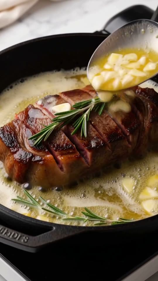 Step 5: Baste: Add the basting butter, crushed garlic and remaining herbs, tilt the pan and spoon the foaming butter over the cu