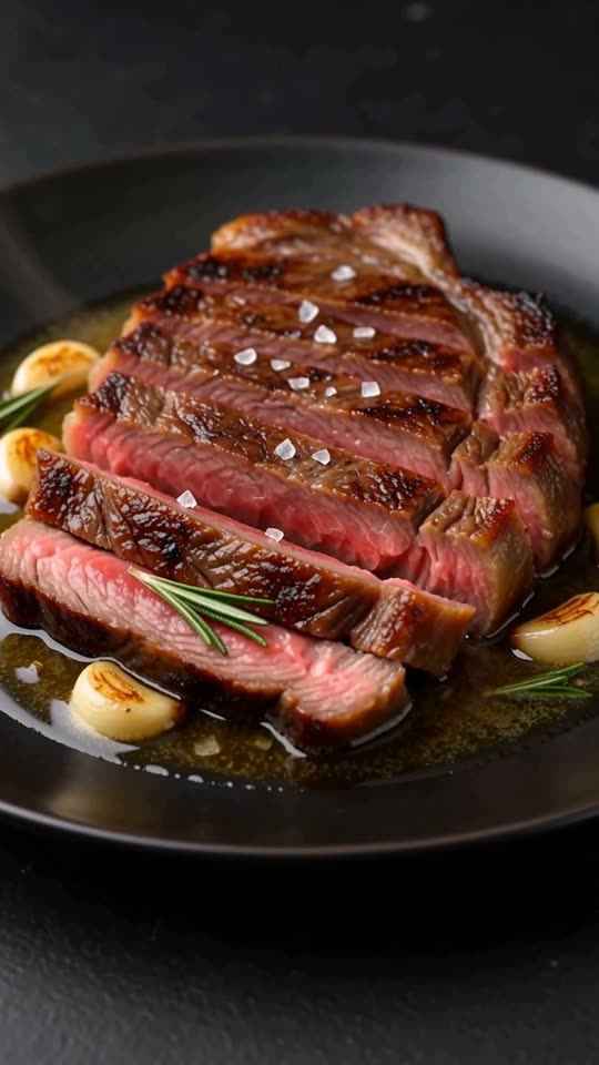 Step 6: Rest & serve: Rest 5 minutes, fan open the slices and spoon over the garlic-herb pan butter