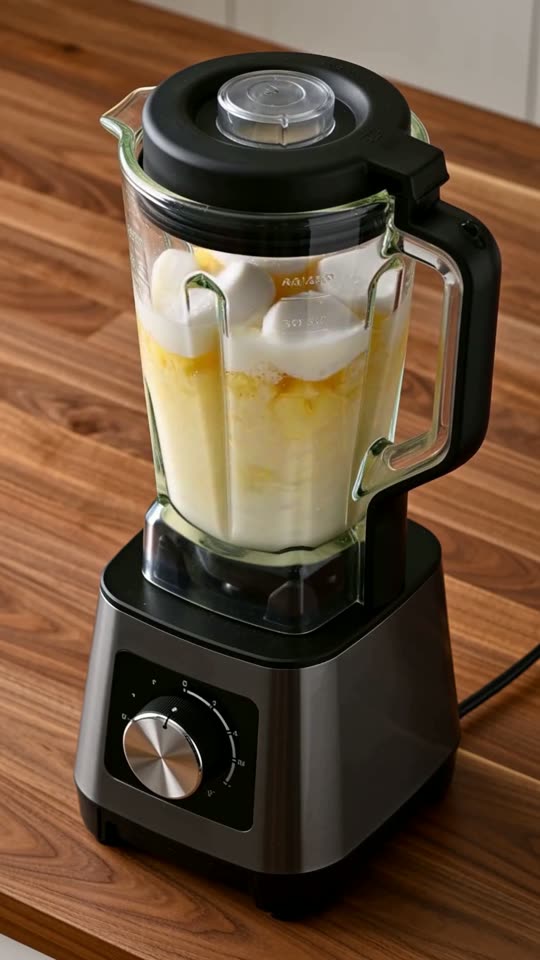 Step 4: Blend to a Thick, Spoonable Ribbon Consistency: Pulse 4 times to break up the frozen pineapple, then blend on high for 3