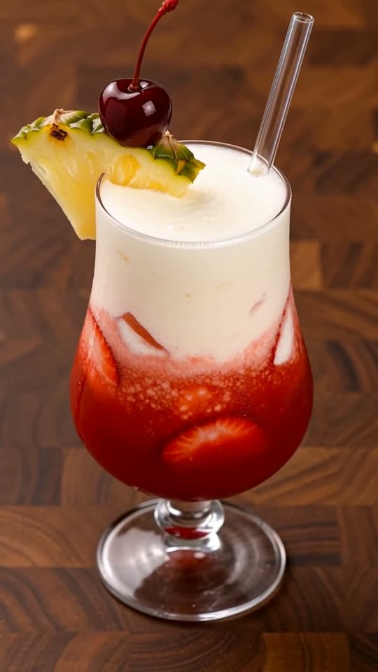 Step 7: Garnish with Fresh Pineapple & Cherry: Notch a fresh pineapple wedge onto the rim of each glass alongside a stem-on mara