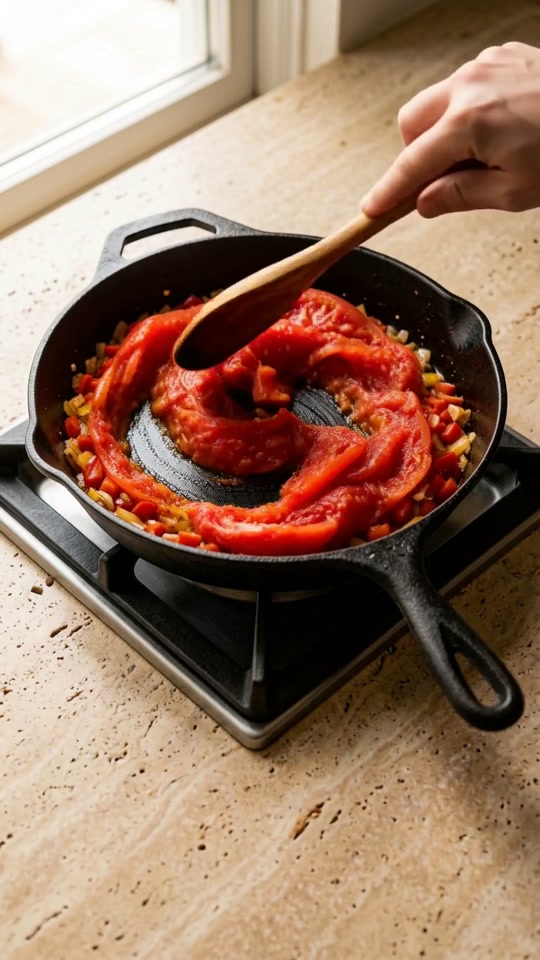 Step 4: Pour in the crushed plum tomatoes along with the remaining sea salt and cracked black pepper