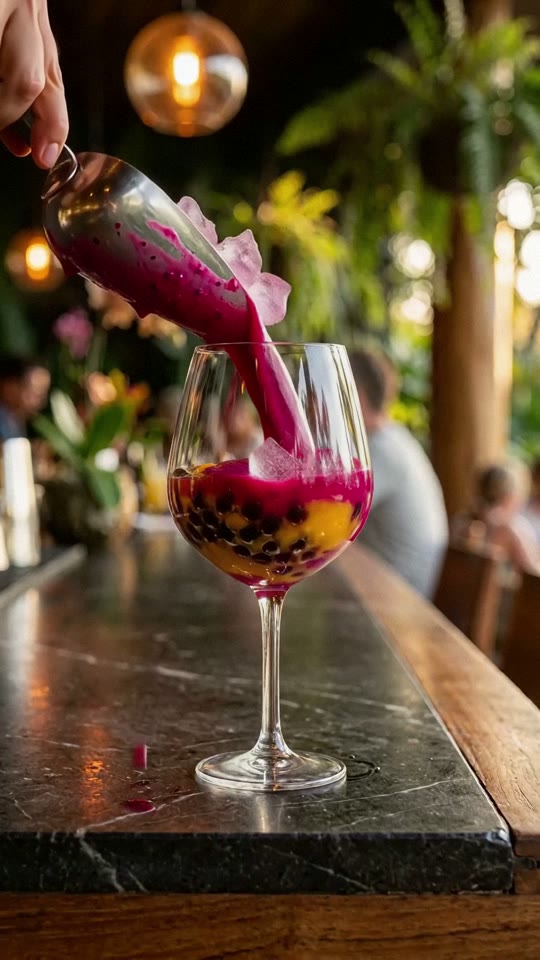 Step 5: Spoon Warm Brown Sugar Boba & Pitaya Purée into the Base: Spoon 2 generous tablespoons of the warm brown-sugar tapioca p