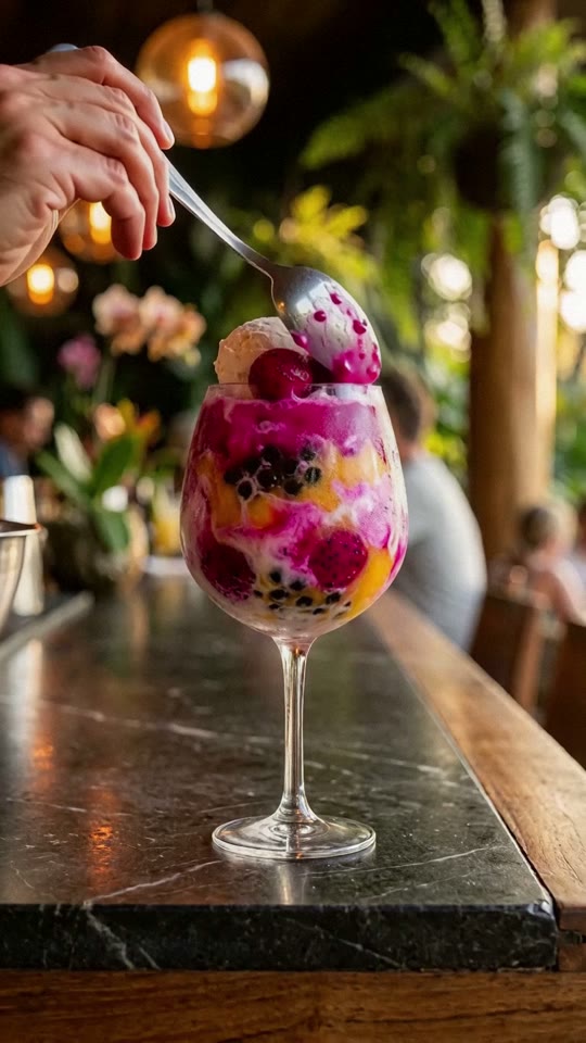 Step 7: Crown with Coconut Gelato & Dragonfruit Pearls: Set a firm scoop of artisanal coconut gelato in the center of each coupe