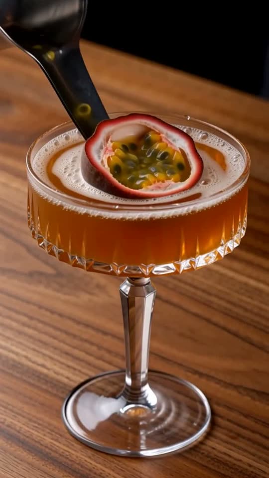 Step 6: Float the Passion Fruit Half & Serve Prosecco Alongside: Gently set one reserved passion fruit half cut-side up on the c