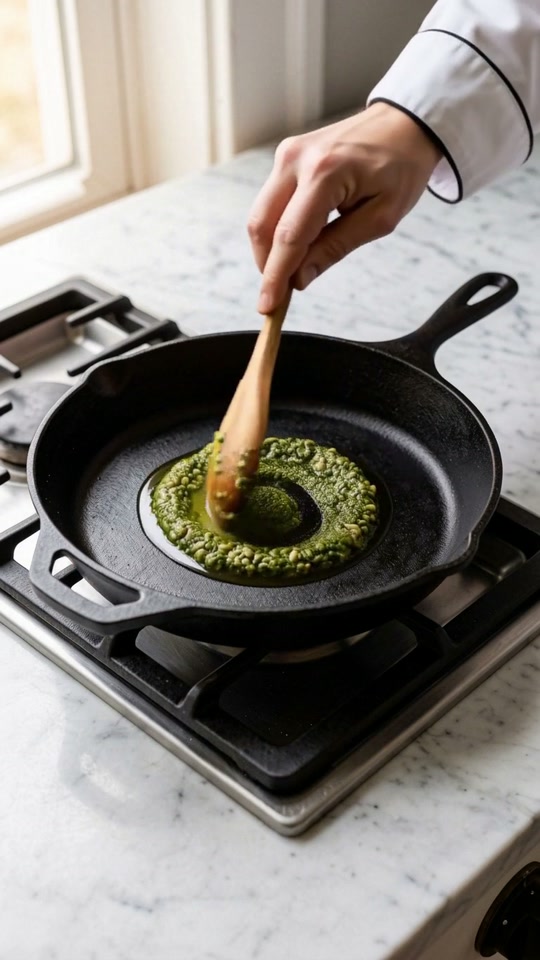 Step 3: Bloom the Pesto in the Cast-Iron Skillet: Set a 26 cm (10-inch) seasoned cast-iron or heavy non-stick skillet over mediu