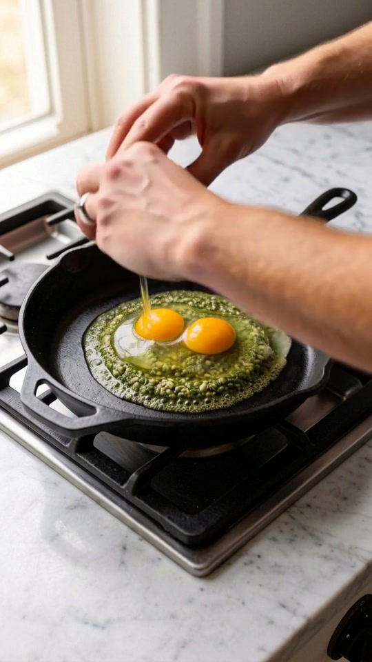 Step 4: Crack the Eggs Directly onto the Sizzling Pesto: Crack the 2 large pasture-raised eggs into small ramekins first to ensu