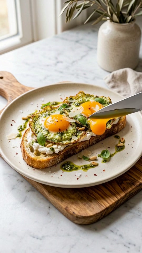 Step 7: Plate Over Sourdough & Release the Golden Yolk: Slide a thin flexible spatula cleanly underneath the lacy cheese-and-pes
