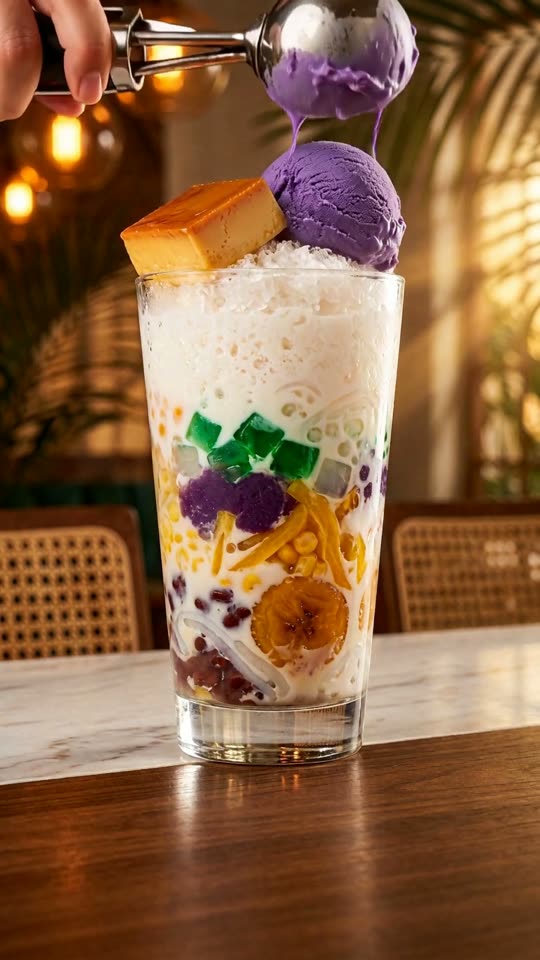 Step 6: Crown with Leche Flan & Ube Ice Cream: Set a glossy caramel-topped slice of chilled leche flan on one side of the shaved