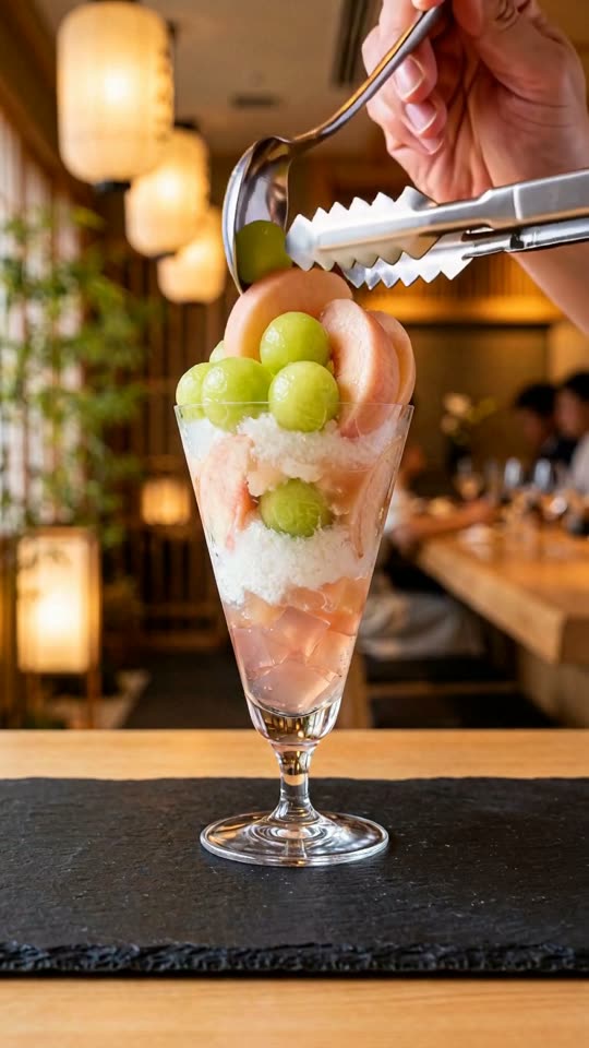 Step 7: Ring with Melon Spheres & White Peach Wedges: Alternating around the inside rim of the coupe, arrange the emerald melon