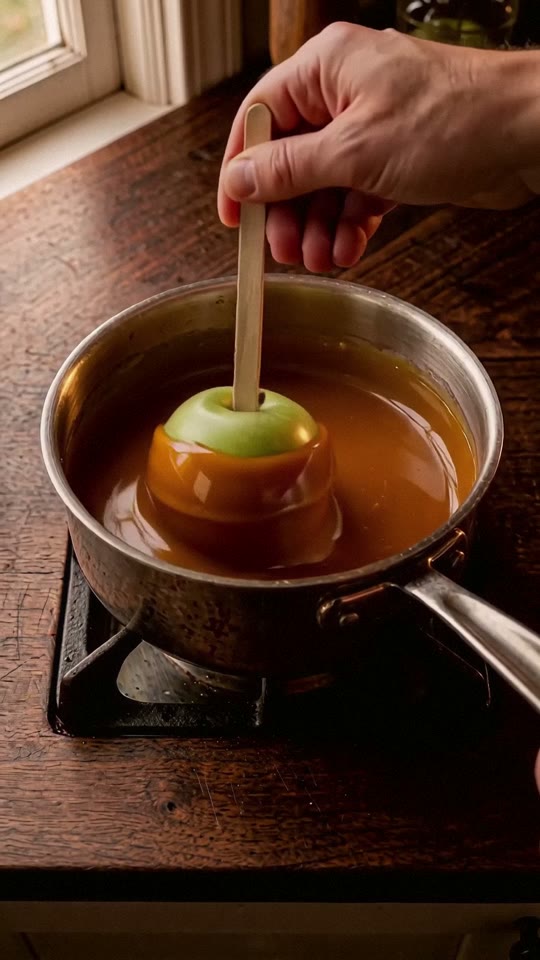 Step 6: Dip & Twirl Apples in Warm Caramel: Hold an apple by its stick, dip it, turn it once so the caramel climbs to the should