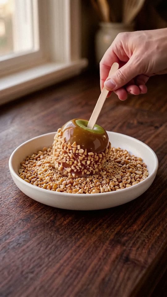 Step 7: Roll Base in Peanuts & Flaky Salt: While the caramel is tacky, roll the lower half in the chopped peanuts, add a few fla