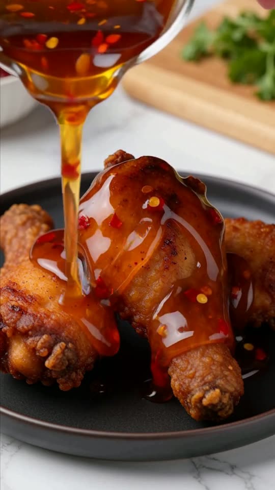 Step 6: Drizzle & Serve: Pile the hot crispy tenders onto a warm platter, spoon warm chili honey across the craggy ridges, and s