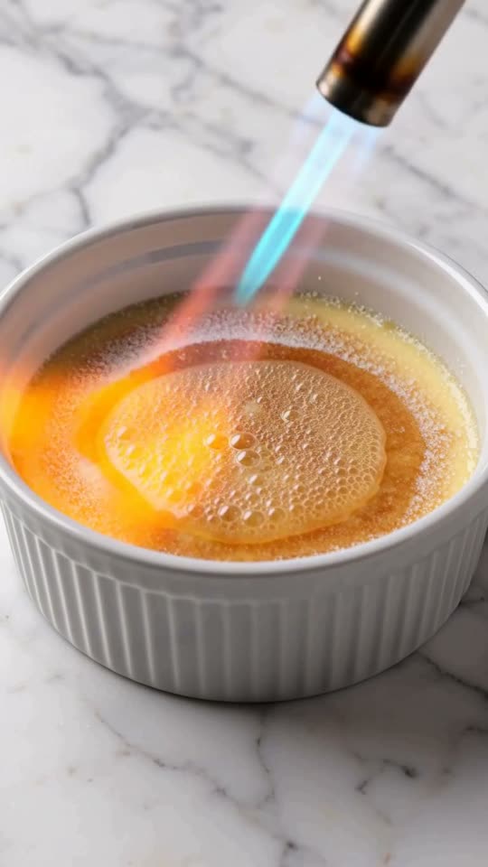 Step 6: Blot Dry, Sugar & Torch the Glass Crust: Right before serving, gently blot any moisture drops off the cold custard surfa