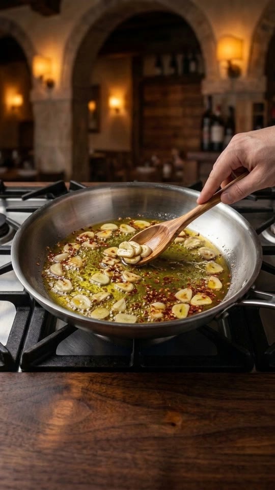 Step 2: Infuse the Garlic & Calabrian Chili Oil: Warm 45 ml (3 tbsp) extra-virgin olive oil in a wide 30 cm stainless-steel skil