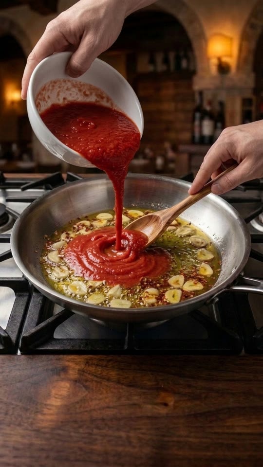 Step 3: Deglaze with White Wine & Simmer the Crimson Arrabbiata: Pour in 80 ml (1/3 cup) dry Italian white wine, letting it bubb