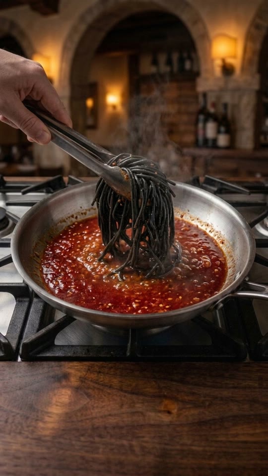 Step 4: Boil the Jet-Black Spaghetti Al Dente: Bring 4 liters of water to a rolling boil (100°C / 212°F) in a deep stockpot and 