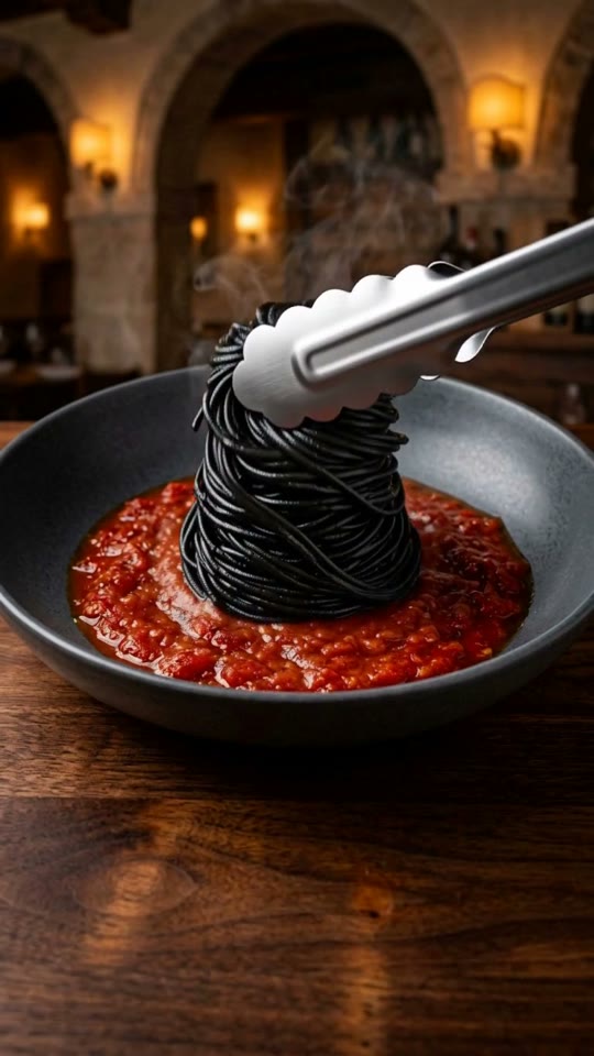 Step 5: Emulsify (Mantecatura) to a Mirror Obsidian Gloss: Transfer the hot, dripping squid ink spaghetti into a warm pan with 1
