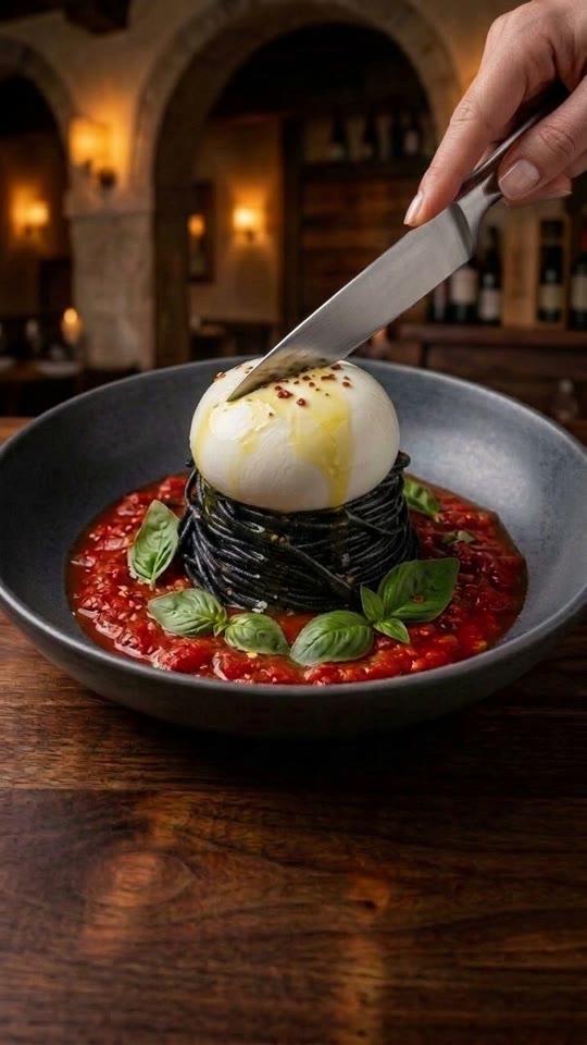 Step 7: Crown with Burrata & Slice the Molten Core: Seat a patted-dry 125 g room-temperature burrata ball directly atop the hot 